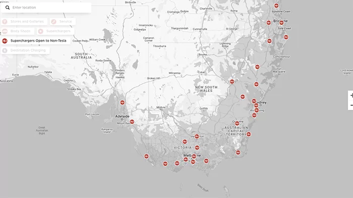 Map of Tesla supercharger sites open to non-Teslas across south-east Australia.