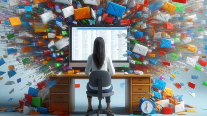 BCC fields explained (An image of a woman sitting in front of a computer while hundreds of messages fly out of it)