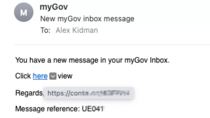 Fake MyGov Email, with the URL exposed. It does not lead to MyGov.