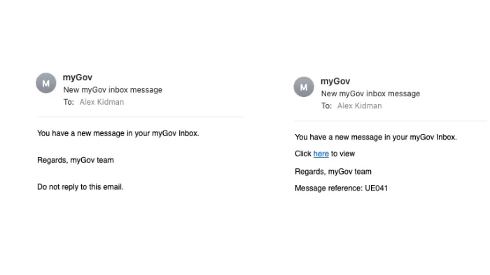 Fake MyGov email next to real MyGov email. Spoiler: The one on the right is the fake